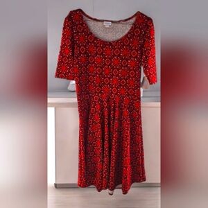 LulaRoe Nicole Dress Orange Red Burgundy Wheel print fit flair sz L